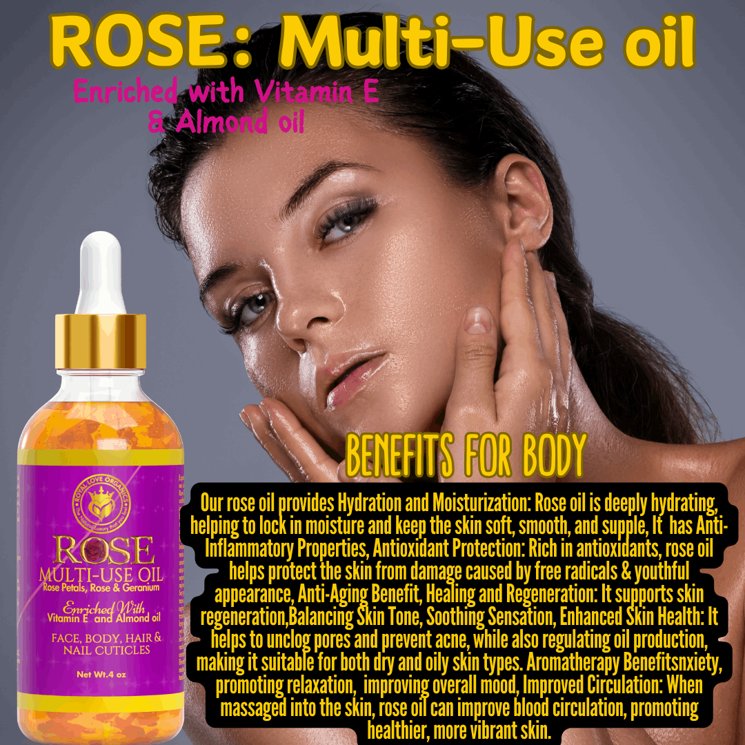 Rose Multi-Use Oil for Face, Body, Hair and Nails , Organic Blend Enriched with Vitamin E and Sweet Almond Oil