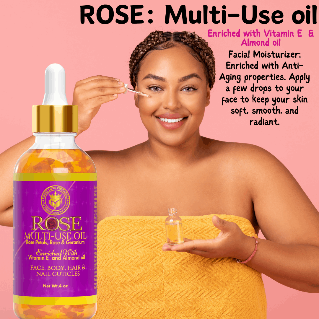 Rose Multi-Use Oil for Face, Body, Hair and Nails , Organic Blend Enriched with Vitamin E and Sweet Almond Oil