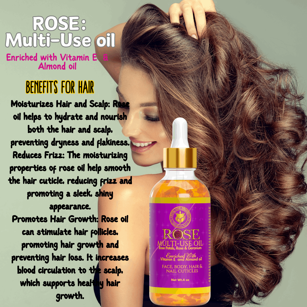 Rose Multi-Use Oil for Face, Body, Hair and Nails , Organic Blend Enriched with Vitamin E and Sweet Almond Oil